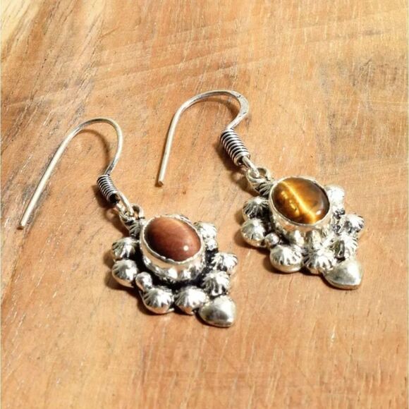 Tiger Eye Handmade Drop Dangle Earrings Jewelry 1.4" - Picture 1 of 1